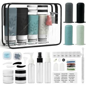 Unigo 30 PACK Travel Bottles Set for Toiletries - Leakproof Refillable Travel Size Containers, TSA Approved Bottles with Labels, Brush & Covers for Carry-On Travel (Gray)