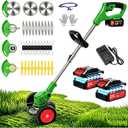 21V Electric Weed Wacker, Cordless Weed Eater Battery Powered, Lightweight Stringless Weed Trimmer with 2 Battery Operated & Wheels, 4 in 1 Grass Trimmer/Brush Cutter/Lawn Edger/Mower for Garden Yard