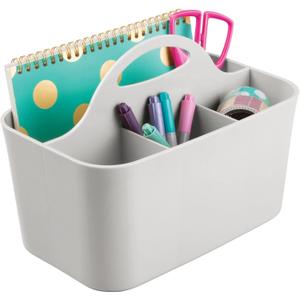 mDesign Plastic Small Office Storage Organizer Utility Tote Caddy Holder with Handle for Cabinets, Desks, Workspaces - Holds Desktop Office Supplies, Pencils, Staplers Lumiere Collection - Light Gray