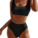 DaiLiWei High Waisted for Women Ribbed 2 Piece Bathing Suit Modest Full Coverage Bikini Sets Sporty Cute Swim Suits for Teens (Large, Black)