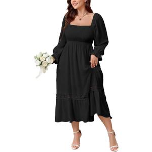 SCOMCHIC Womens Plus Size Fall Dresses Long Sleeve Square Neck Wedding Guest Smocked Flowy Boho Country Western Maxi Dress (Black, XXXL)