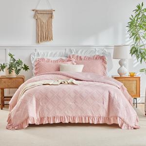 Tufted Ruffle Comforter Set Twin Size, 3 Pieces Blush Pink Ruffled Farmhouse Comforters, Luxury Solid Soft and Embroidery Shabby Chic Boho Bohemian Bedding Set for Girls (1 Comforter + 2 Pillowcases)