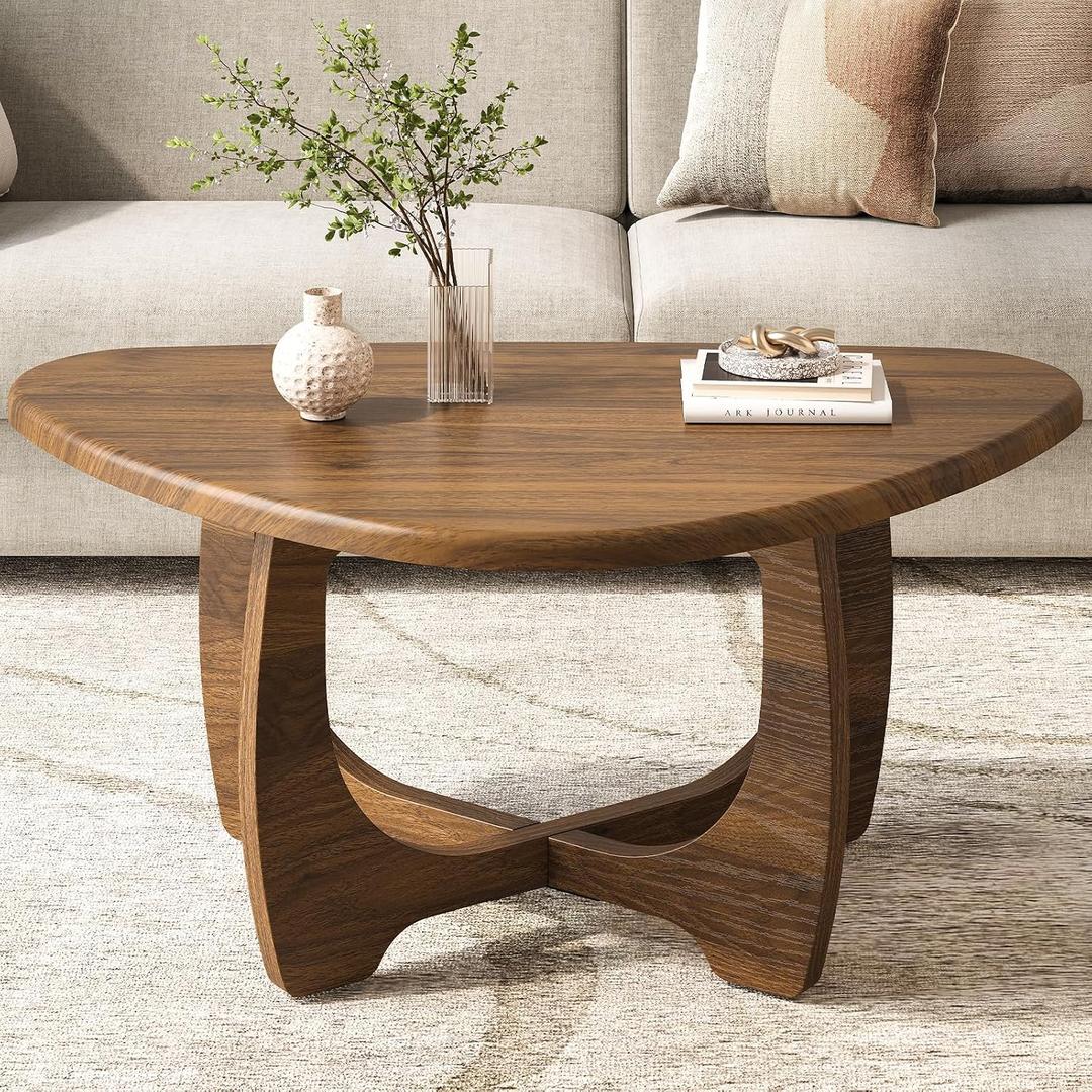 Coffee Table for Living Room - Mid Century Modern Coffee Tables with Triangle Top, Unique Small Round Coffee Table, Wood Oval Tea Table with Solid Legs for Bedroom, 35.8"x 22.5" x 16.2" Walnut, 36" x 22.4" x 16"