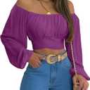 MIRACMODA Woman Off Shoulder Ruched Tie Back Crop Top Summer Lantern Sleeve Boho Shirt Blouse (Large, Purple)