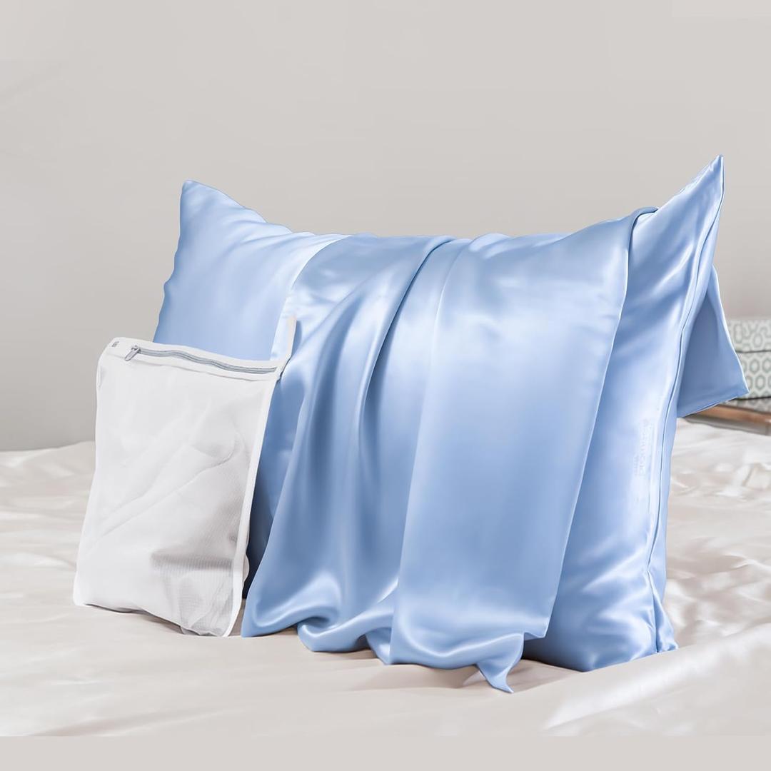 Real 23 Momme 100% Silk Pillowcase for Hair and Skin, Both Sides Cooling Premium Grade 6A+ Mulberry Silk Pillow Case with Zipper,(Standard 20"x29", Light Blue), Pack Of 2