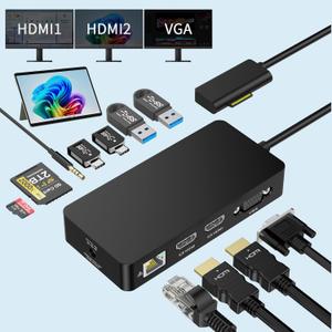 12 in 1 Dock Triple Displays Dual HDMI+VGA with Power Adapter, Docking Station for Pro 11/10/9/8/X/7/6/5/4, Laptop Go/7/6/5/4/3/2/1,Book (Black)