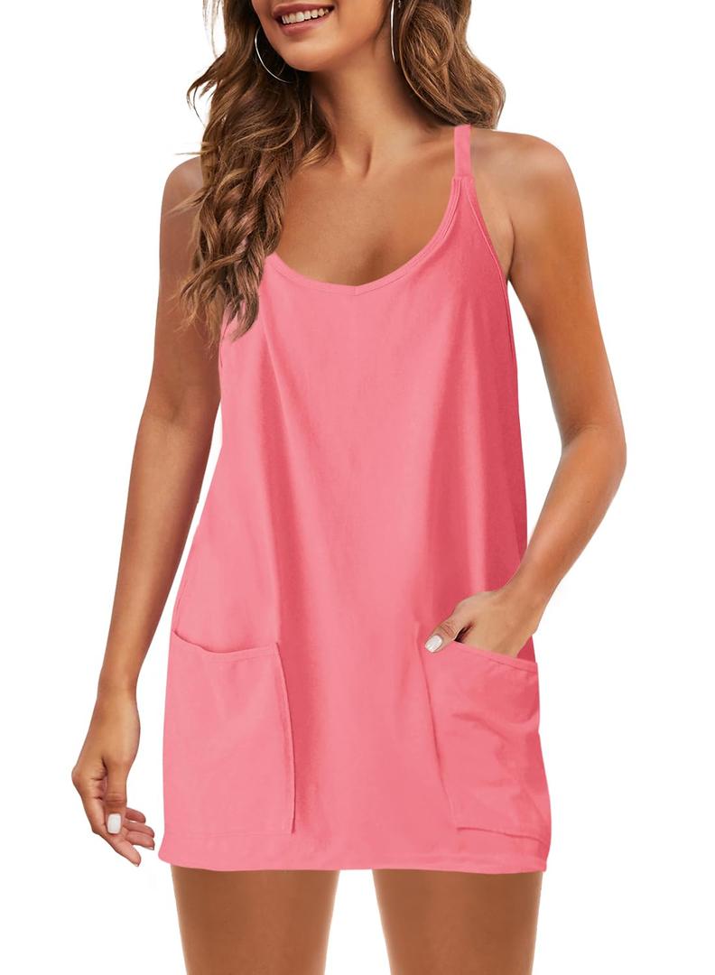 Panadila Womens Summer Sleeveless Mini Dress V Neck Spaghetti Strap Sundress Athletic Short Dress with Pockets, Size Small