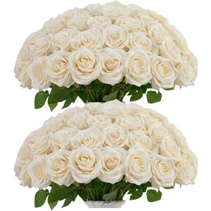 50pcs Ivory Roses Artificial Flowers Bulk,Fake Roses Silk Flower with Stems Realistic Flowers for Wedding Centerpiece Home Party Decor