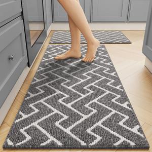 hicorfe Kitchen Rugs and Mats Sets,Non-Slip 2 Pieces Absorbent 100% Polypropylene Rug,Comfort Kitchen Runner Mat,Washable for Kitchen,Sink,Laundry(20" x 31.5" Plus 20" x 48",Grey)