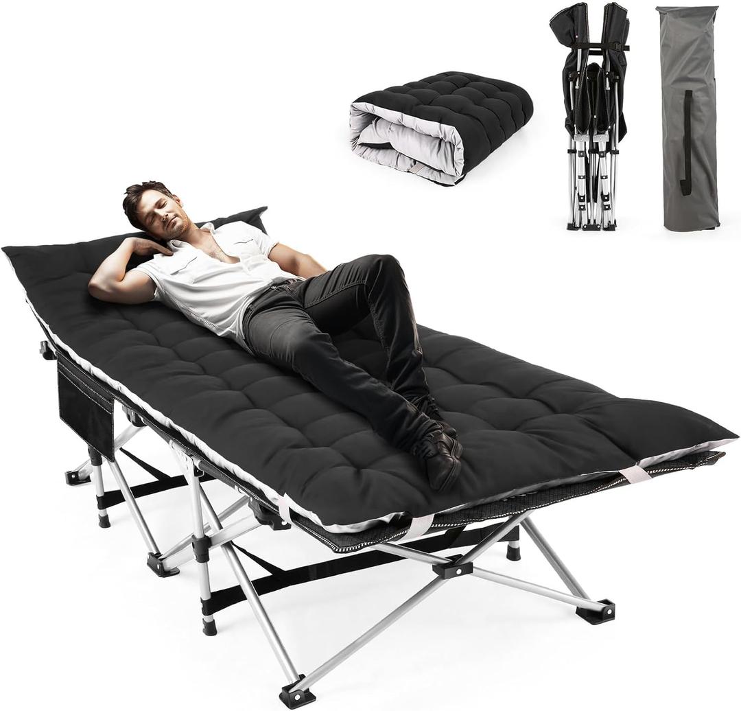 Homdox Camping cot Folding Outdoor Camping Travel Cot and Cot Pad - Quality Lightweight Portable Heavy Duty Adult Travel Cot Double Layer Oxford Portable Travel Camp Cots for Camp/Office/Home (Black)