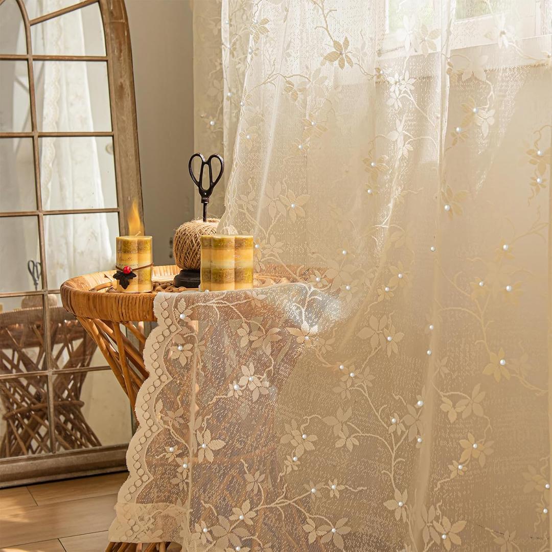Ivory Lace Curtains - Scalloped Edges, Pearls Dcor Floral Embroidery, Sheer Light Filtering, Vintage Boho Victorian Style, Decorative Panels for Bedroom & Living Room, 52 x 84 inches Long