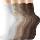 BISOUSOX Pilates Socks with Grips for Women, Anti Slip Grippy Yoga Barre Socks, Full Sole Sticky Reformer Workout Sock (004pairs-whitebeigekhakibrown)