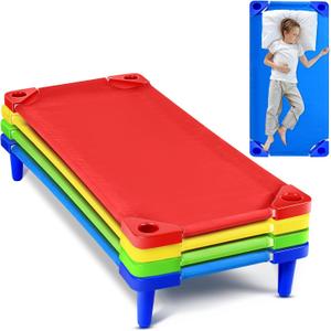 4 Pcs Stackable Daycare Cots for Toddler 54" l x 23" W Kids Cots for Sleeping Portable Kids Bed Furniture Bed Frames Headboards Footboards for Classroom Preschool (Multicolor), 54" L x 23" W x 6.3" H
