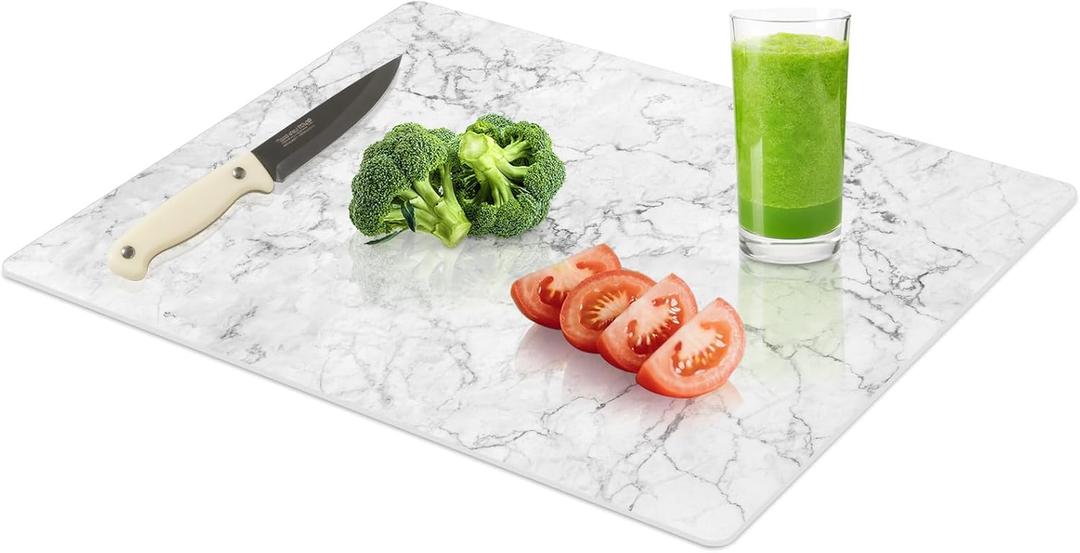 16"x12" Tempered Glass Cutting Board, Marble Pattern Chopping Boards for Kitchen, Heat Resistant Trivet & Countertop Saver, Non-Slip, Shatter-Resistant, Dishwasher Safe (White)