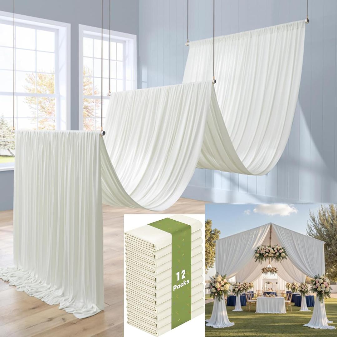 12 Panels 5x20ft Ivory Ceiling Drapes for Wedding Parties, Wrinkle Free Thick Polyester 20ft Extra Long Wedding Draping Ivory Ceiling Curtains Arch Drapery for Birthday Party Canopy Tent Decor