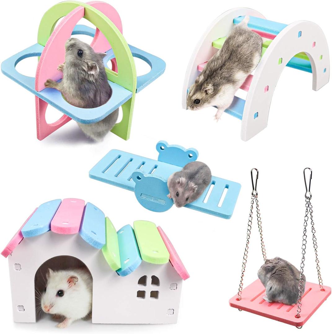 Dwarf Hamsters House DIY Wooden Gerbil Hideout Rainbow Bridge Swing and PVC Seesaw, Pet Sport Exercise Toys Set, Sugar Glider Syrian Hamster Cage Accessories, Suitable for Small Animal Habitat Dwarf Hamsters House DIY Wooden Gerbil Hideout Rainbow Bridge Swing and PVC Seesaw, Pet Sport Exercise Toys Set, Sugar Glider Syrian Hamster Cage Accessories, Suitable for Small Animal Habitat
