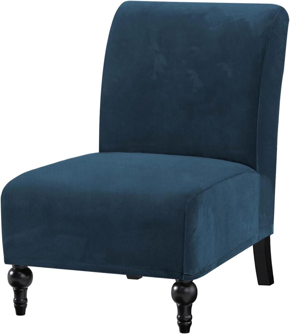 H.VERSAILTEX Armless Accent Chair Covers Thick Striped Velvet Armless Chair Slipcovers Stretch Chair Covers for Living Room Machine Washable Furniture Protector with Elastic Bottom, Navy Blue-Striped