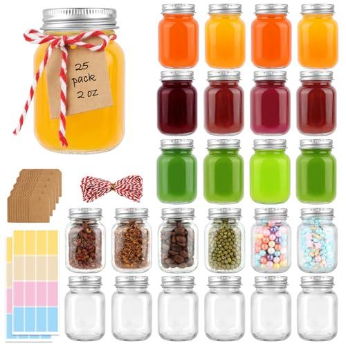 CARBLIN 25 Pack 2 oz Mason Jars with Silver Lids, Mini Glass Jar for Ginger Shots, Small Juice Shot Container for Beverage Storage Candle Gifts Honey Jam Spices Wedding Party Favors