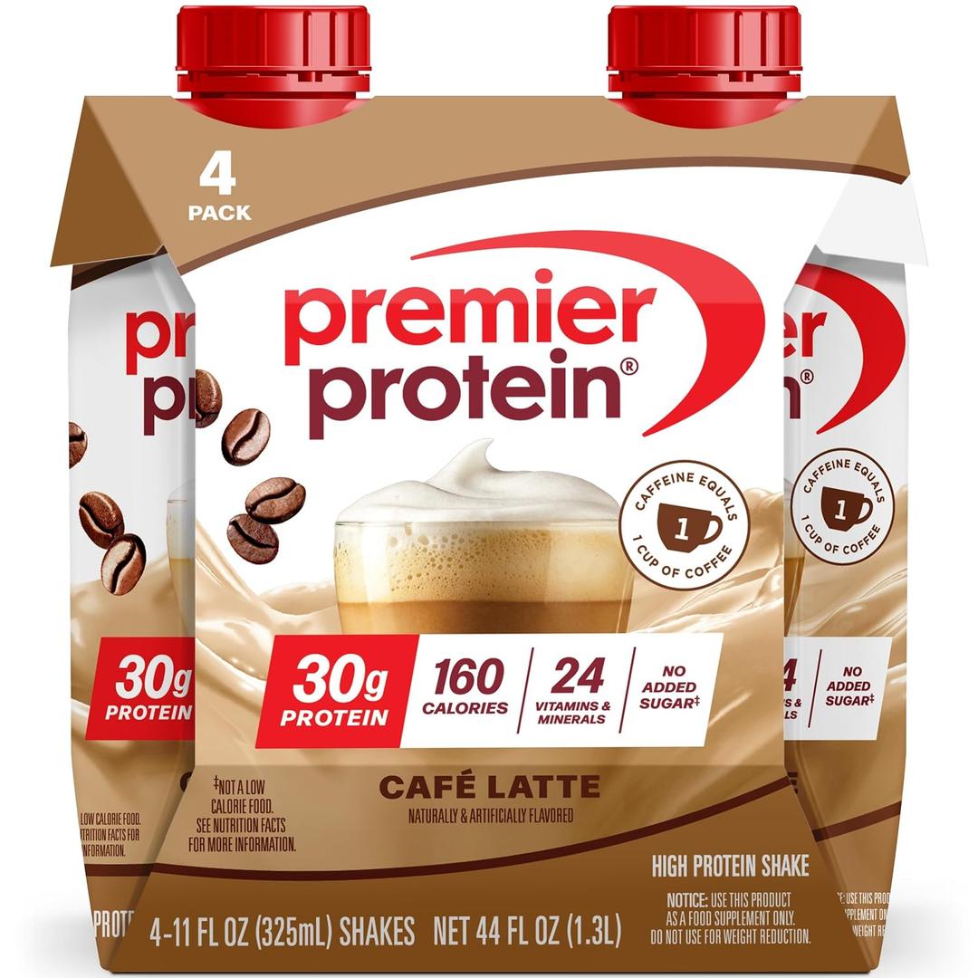 Premier Protein Shake, Café Latte with Caffeine for Energy – 30g Protein, No Added Sugar, 24 Vitamins & Minerals to Support Immune Health, 11 fl oz, 4 Pack (EXP 03/26/27)