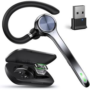 Ngsod Bluetooth Headset, Wireless Earpiece with Upgrade Noise Canceling Mic,500mAh Charging Case Support 72H Talking Time,Hand-Free Headphones with Mute Button for Computer Cell Phones Trucker Work (Black)