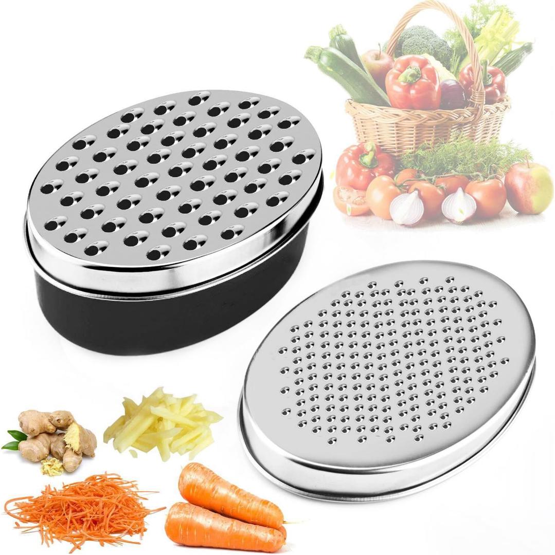 Stainless Steel Cheese Grater with Airtight Storage Container - Box Grater for Kitchen, Shredder for Parmesan, Cheddar, Vegetables, Chocolate, Nutmeg - Includes Lemon for Citrus, Ginger, Butter (1-Black)
