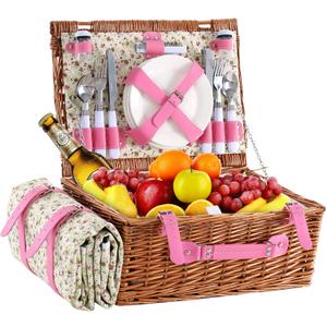 Wicker Picnic Basket for 4 with Waterproof Picnic Blanket and Insulated Cooler, Willow Hamper for Camping, Outdoors, Photoshoot, or a Birthday, Valentines Day, Wedding Gift, Pink