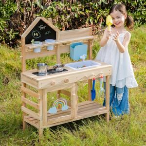 ROBUD Wooden Outdoor Play Kitchen for Kids – Mud Kitchen Playset with Refillable Water Tank, 2 Pots, 3 Garden Tools, 2 Planting Cups & House Chalkboard, Backyard Role Play