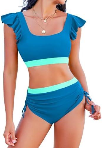 Jolefille High Waisted Bikini Sets for Women Tummy Control Swimsuit 2 Piece Color Block Ruffle Bathing Suits Teens L