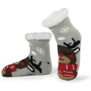 Kids Slipper Socks - Girls and Boys Christmas No Slip Socks - Warm Thick Lining Cozy Indoor Gifts (Gray, L)