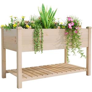 BIRASIL Outdoor Wood Raised Garden Bed, Elevated Reinforced Large Planter Box with Storage Shelf for Vegetable Flower Backyard Patio Gardening Balcony (48L, Natural Wood)