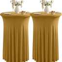 Qubjus 2 Pack Round Cocktail Table Covers with Skirt Stretch Spandex Tablecloth 32"x43" Cocktail Round Tablecloth for Party Wedding Birthday Banquet, Gold
