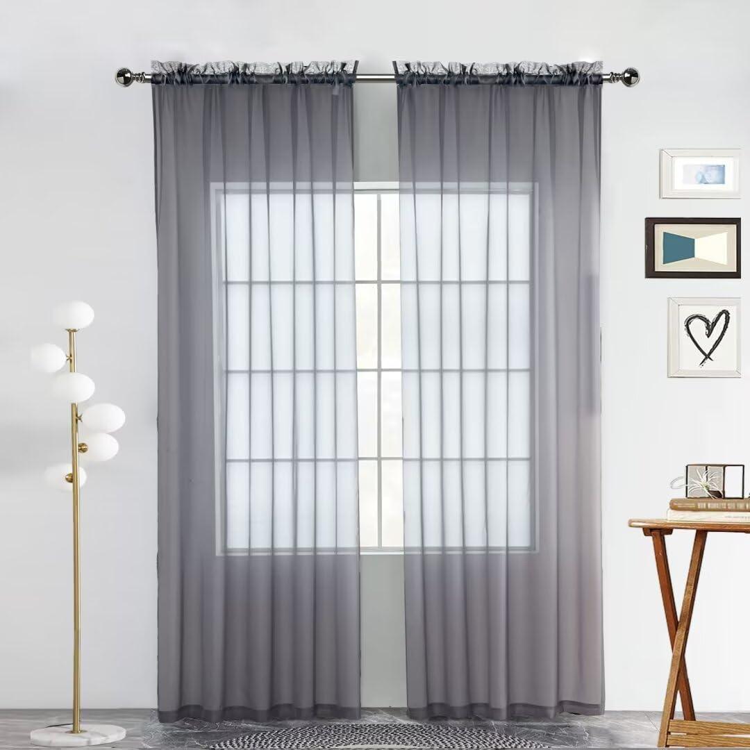 SpaceDresser Sheer Voile Window Treatment Rod Pocket Curtain Panels for Kitchen Bedroom Living Room Drapes Sunlight Filtering Privacy Semi Home Decor Assorted Colors Sizes (Grey, 52 W x 108 L)