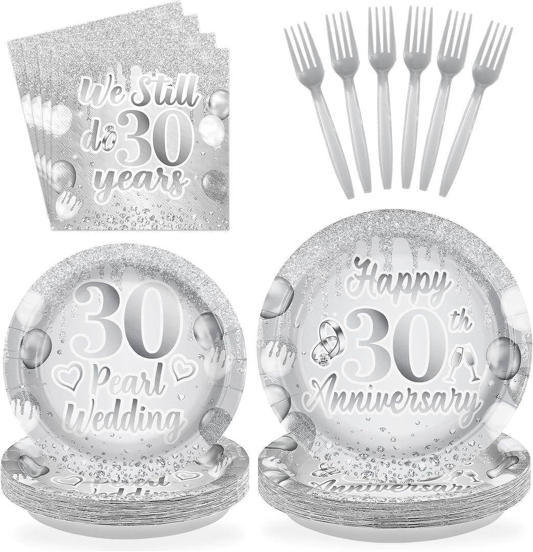 96Pcs Glitter 30th Happy Anniversary Decorations Wedding Plates and Napkins Glitter Crystals Tableware Set for Couple Wife Husband Pearl Wedding 30th Anniversary Supplies Serves 24