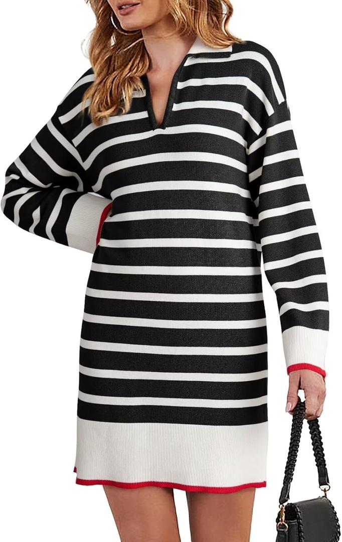 Dokotoo Women's Polo V Neck Sweater Dresses Fall Dresses for Women 2024 Long Sleeve Dress Casual Striped Mini Dress (Large)
