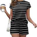 PrinStory 2 Piece Lounge Sets for Women Summer Outfits Short Sleeve Womens Short Sets Casual Matching Set (Black, L)