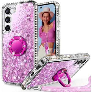 for Samsung Galaxy S23 Case with Ring, Glitter Bling Phone Cover with Stand & Lanyard, Women Girls Luxury Rhinestone Sparkle Protective Case for Galaxy S23, Clear Pink