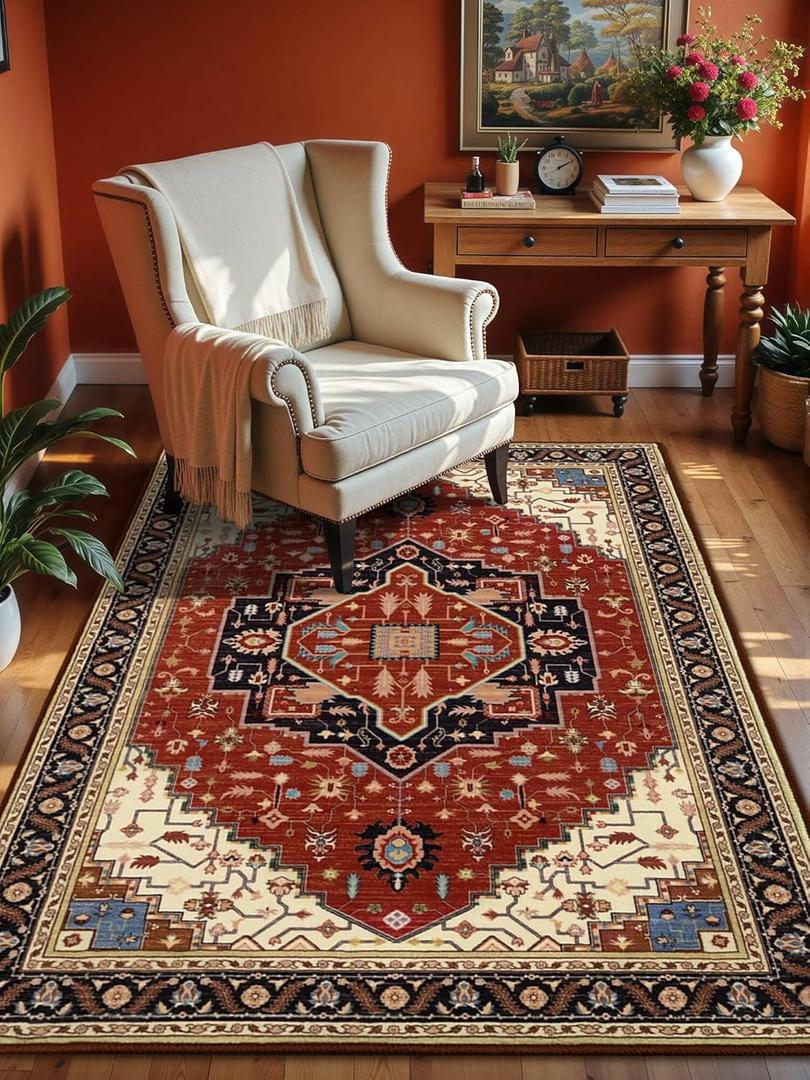 4x6 Orange Red Area Rug for Living Room, Machine Washable Rugs with Non-Slip Backing for Bedroom, Vintage Medallion Carpet Kitchen Laundry Kids Room Decor