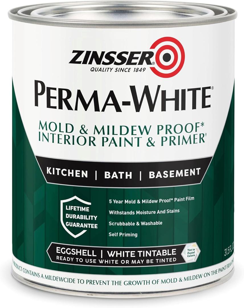 Zinsser 02774 PERMA-WHITE Mold & Mildew Proof Interior Paint, Quart, Eggshell White, 31.5 Fl Oz