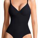 BRABIC Shapewear Bodysuits for Women Tummy Control Shapewear Seamless Deep V-Neck Body Shaper with Built-in Bra (Medium, Black)