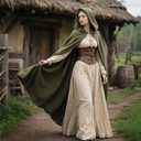 L'VOW Medieval Hooded Cloak Linen Renaissance Cape with Hood - Halloween Hobbit Cosplay Witch Wizard LARP (Green)