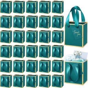 Yeaqee 50 Pcs Mini Metallic Paper Gift Bags with Handles 4x2.75x4.5'' Tiny Small Gift Bags with Thank You Tag for Wedding Graduation Birthday Party Return Gifts Jewelry Business (Turquoise,Gold)
