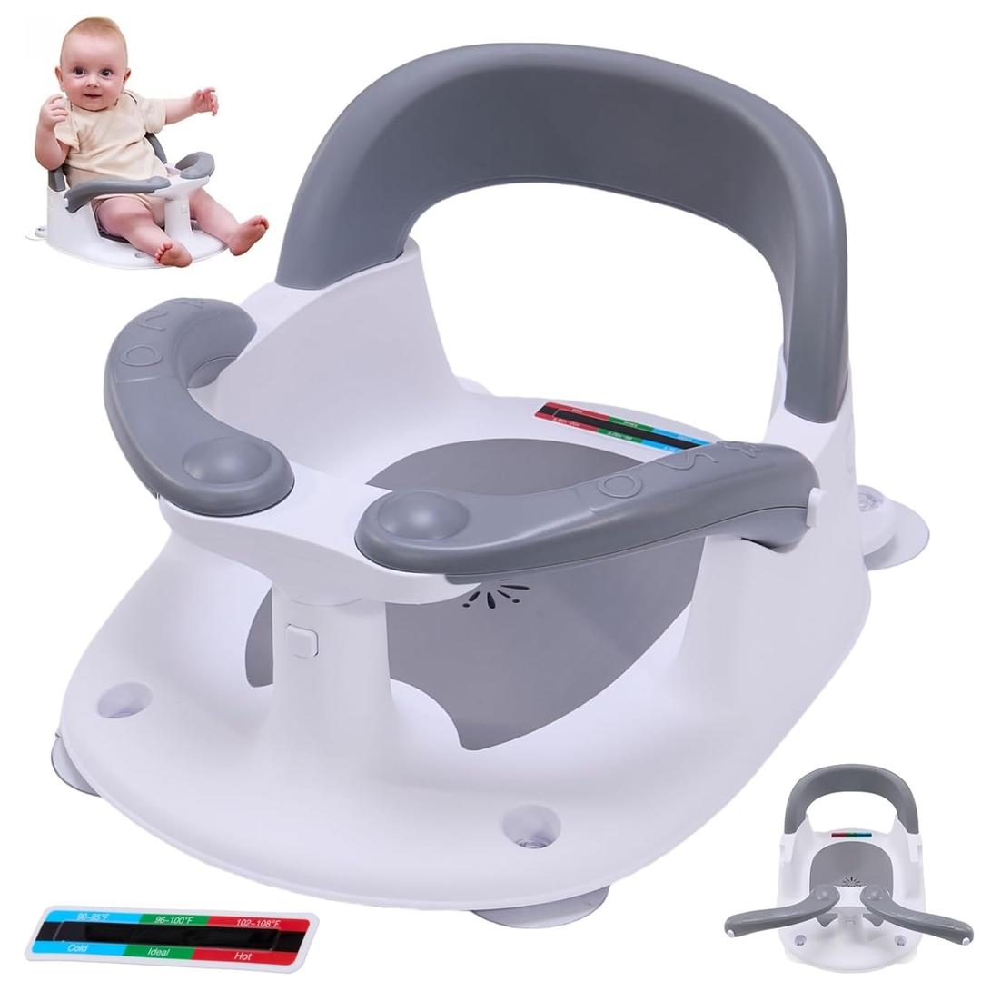 Baby Bath Seat for Babies 6 Months & Up Sitting Up,Infant Bath Seat with Temperature Alert+Open Backrest+on/Off Armrest,Toddler Bath seat Baby Bath Chair for Bathtub,Tub,Sink Grey