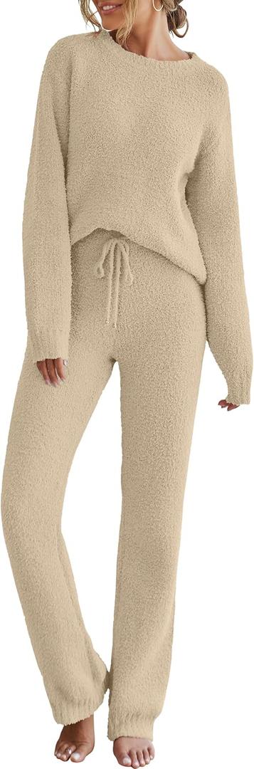 MEROKEETY Womens Pajama Sets 2025 Fall Lounge Sweater Set Cute Fuzzy Fleece 2 Piece Long Sleeve Cozy Winter Pj Outfits (Medium, Khaki)