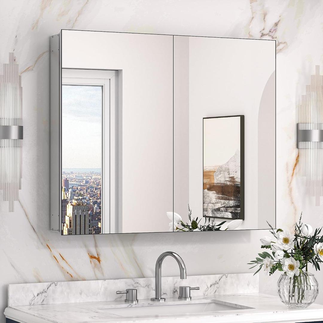 Keonjinn 30 x 26 Inch Bathroom Medicine Cabinet with Mirror, Assembly Required, Combined Double Doors Wall Cabinets, Flexiable Ample Storage, Recessed or Surface Mount, Soft Closing