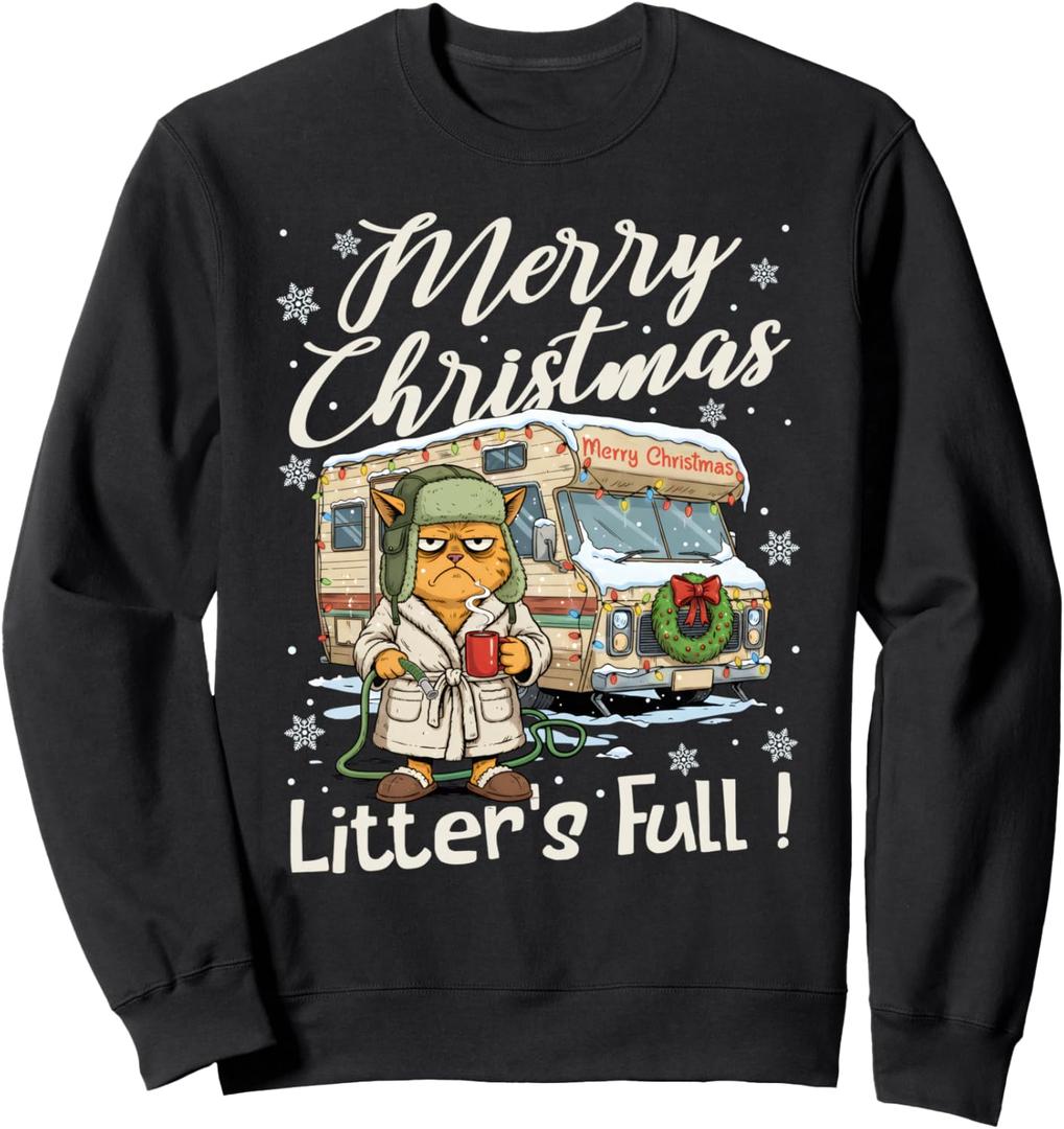 Litter's Full Funny Cat Parody Outfit Sarcastic Christmas Sweatshirt, Small