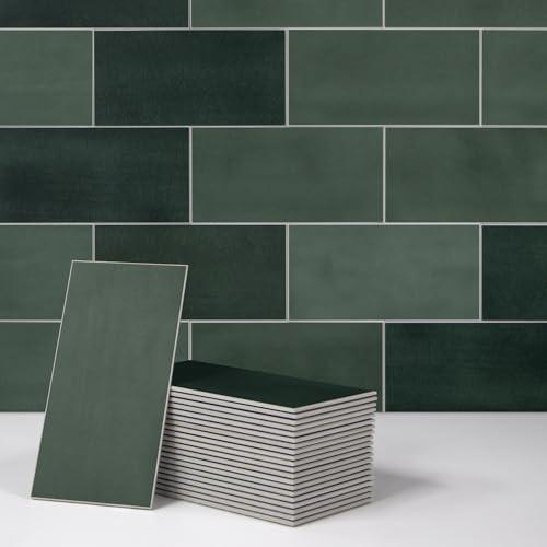SUNWINGS 100-Sheet Subway Peel and Stick Backsplash Tile, 6" x 3" Green Mixed Stone Composite Handmade Looks Self Adhesive Waterproof Wall Tile, Stick on Tiles for Kitchen Bathroom Shower Fireplace