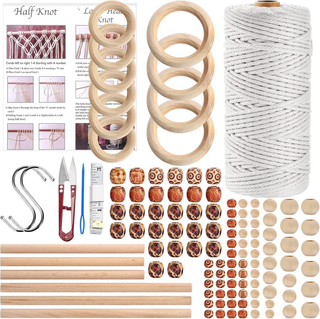 Hdviai 121Pcs Macrame Kit, Macrame Supplies 3mm x 109Yards Macrame Cord for Macrame Kits for Adults Beginners, with Accessories Like 100Pcs Beads and 10Pcs Wooden Rings for Macrame Plant Hanger Kit