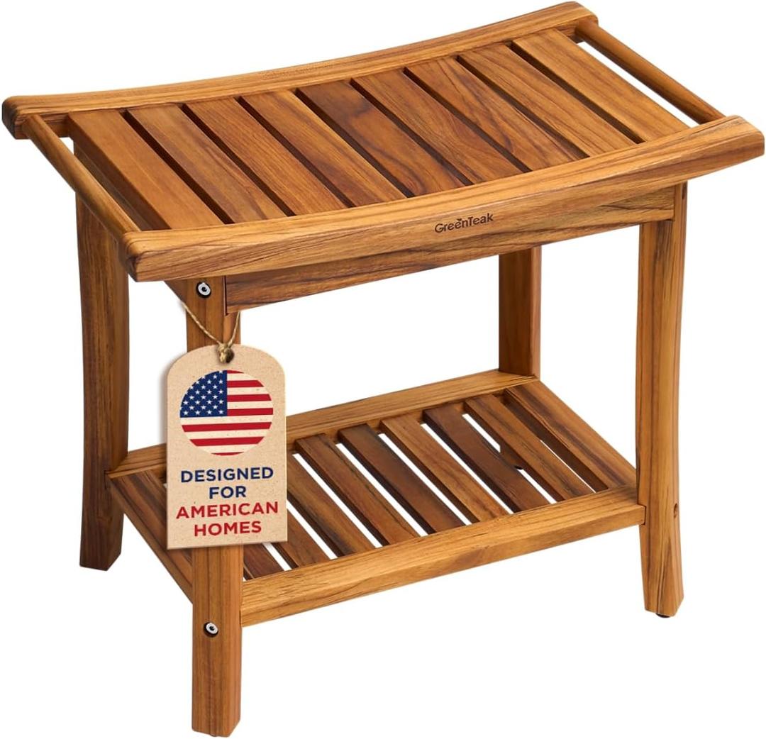 Premium 22" Teak Wood Shower Bench with Shelf, 2-Tier Waterproof Teak Shower Stool, Non-Slip Feet for Enhanced Safety, Spa Bath Seat for Bathroom, Indoor & Outdoor Use, 300 lb Capacity