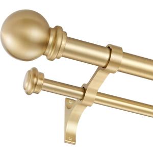 Double Curtain Rod, Adjustable 1 inch Double Drapery Rod Rods for Windows 28 to 48 inch,Ball Round Finials with Brackets Set (28-48",Gold)