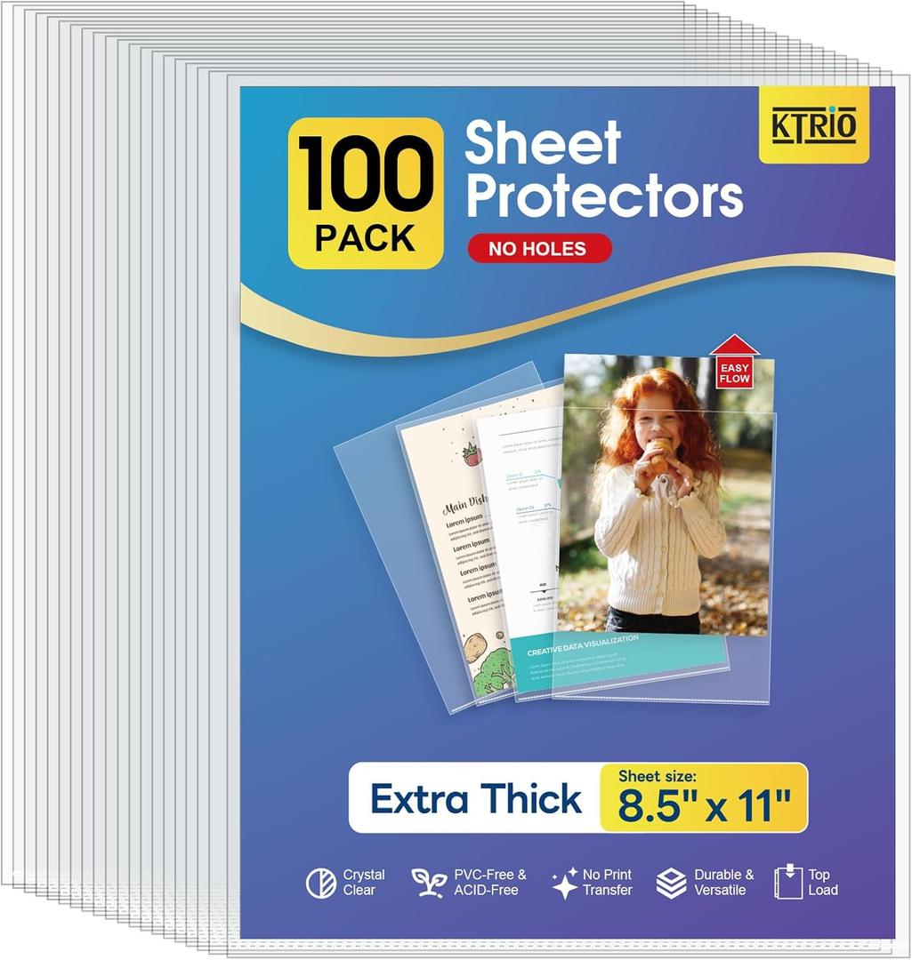 KTRIO No Holes Sheet Protectors 8.5 x 11 Inch Heavy Duty Clear Page Protectors, Plastic Paper Document Sleeves, Letter Size, Top Loading, Acid Free, 100 Pack